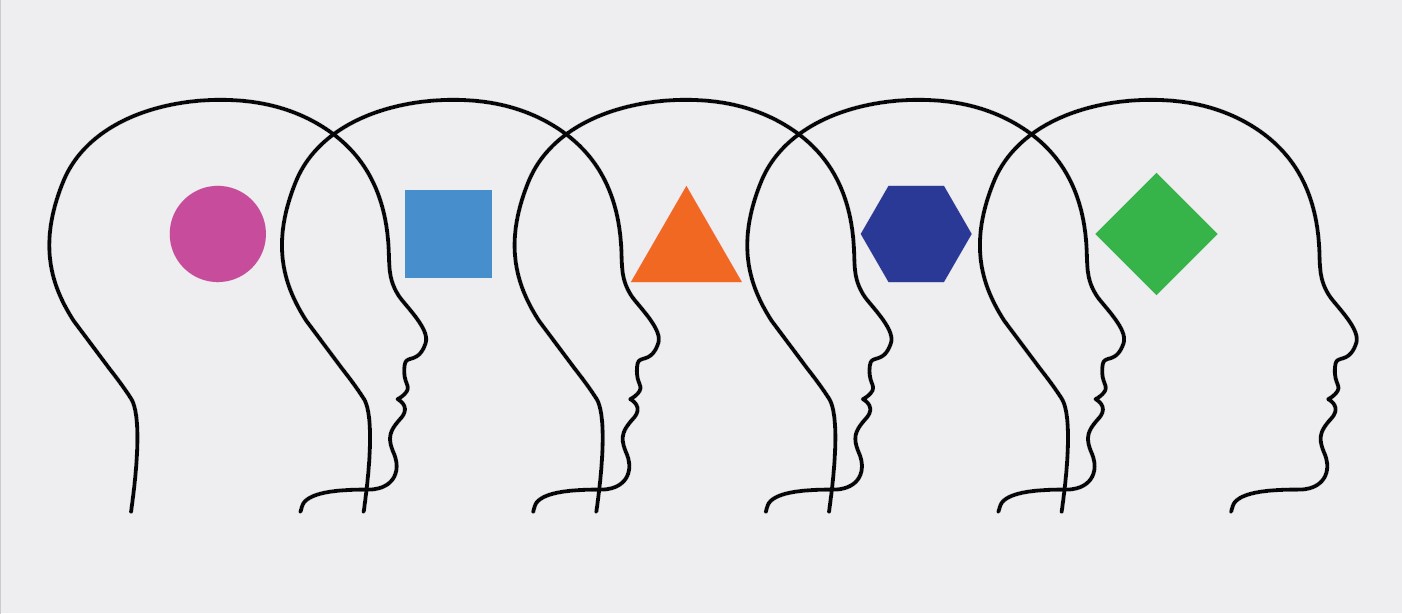 graphic outline of five heads with multicolored geometric shapes